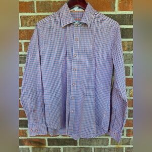 Justin's Orange and Blue Plaid Shirt with Blue Floral Contrasts  Size M